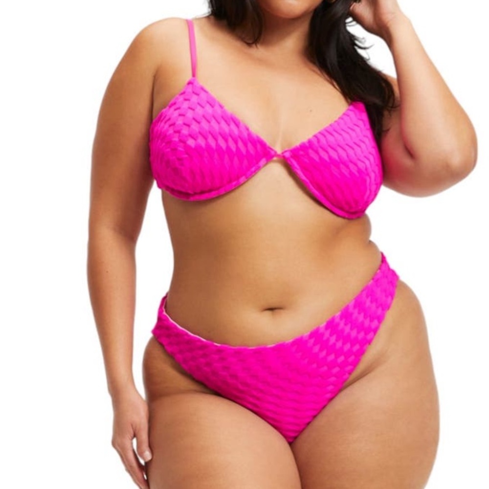 Good American Pink Jacquard Wave Check Demi bikini set high waist size 2/Medium